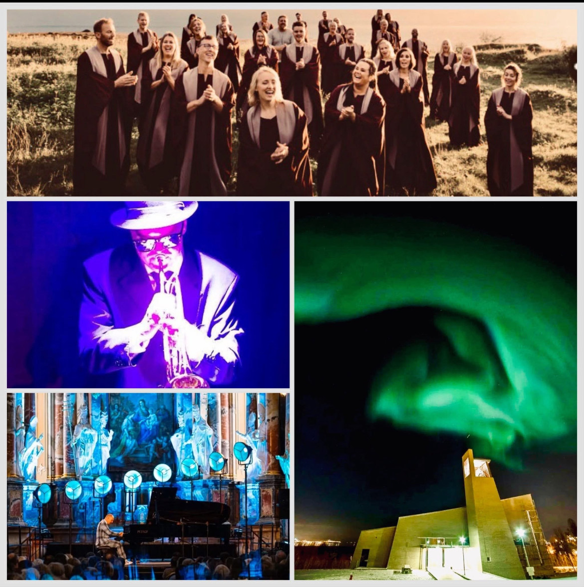 Flere bilder, av nordlyset, et kor som synger og Kroken kirke